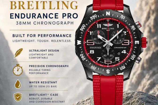 New Breitling Endurance Pro 38Mm Chronograph Red Rubber Strap Watch
