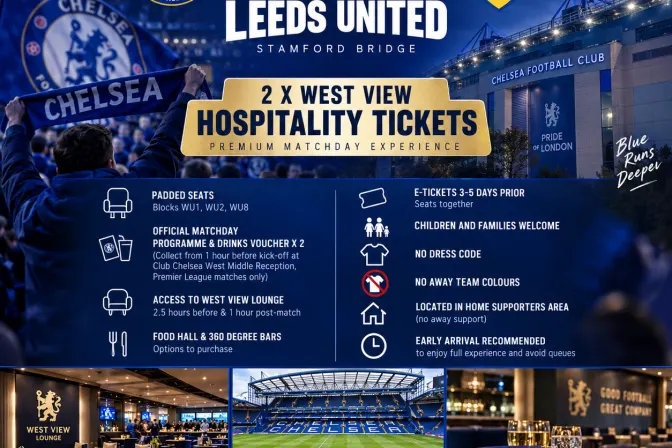 2 X Chelsea Vs Leeds West View Hospitality Tickets - 21/11/2026